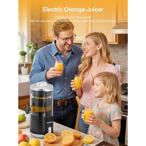 Citrus Juicer Electric, Hand-Free Orange Juicer Machine with 2 Interchangeable Cones, Automatic Juice Squeezer for Orange, Lemon, Grape, Pomegranate, Cleaning Brush Included
