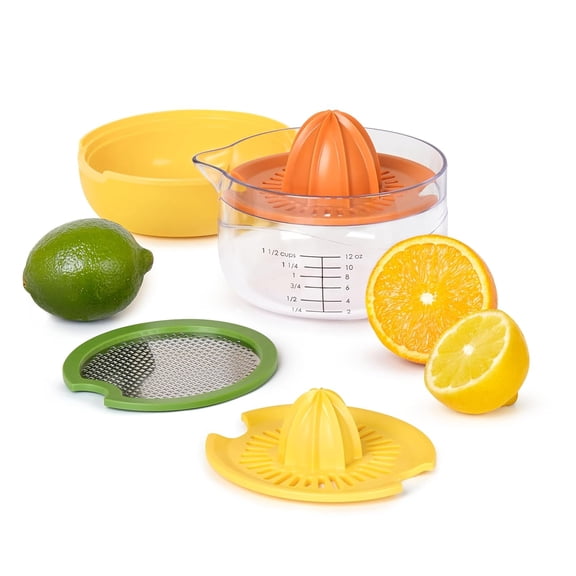 Citrus Juicer and Zester Manual Lemon Squeezer with Measuring Cup Built In Strainer, Easy Clean BPA Free Grater Handle for Fresh Dual Reamers All Fruit Sizes