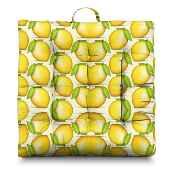 Citrus Lemon Floor Pillow - 22x22 Inch Square Seat Cushion, Dutch Velvet, Summer Fruit Pattern for Home & Yoga Decor