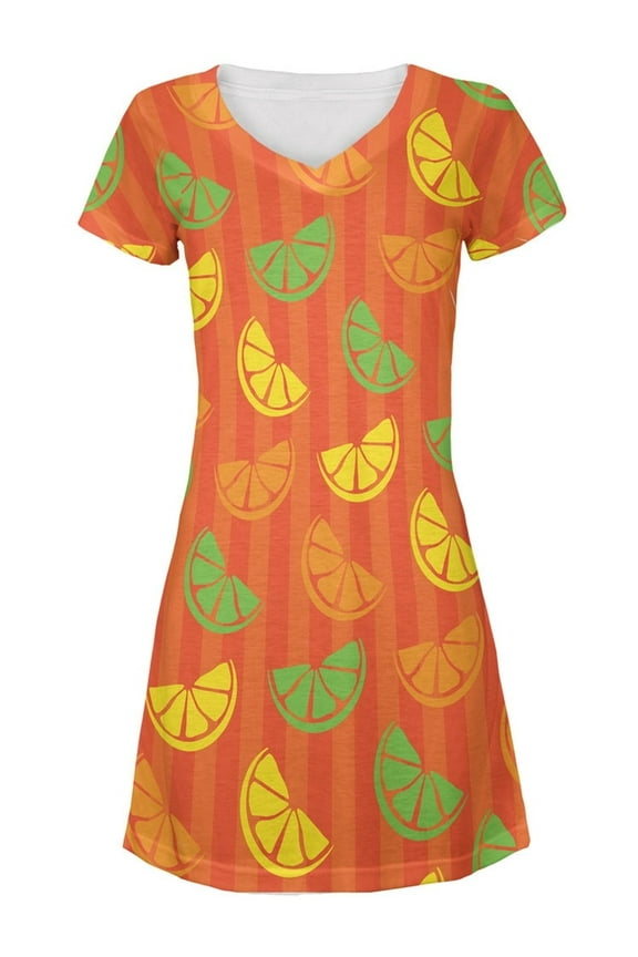 Citrus Lemon Lime Summer Orange All Over Juniors V-Neck Dress