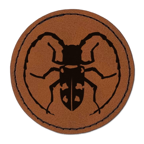 Citrus Long Horned Beetle Insect 2.5" Faux Leather Round Engraved Iron-On Patch - Brown
