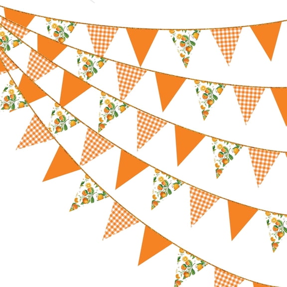 Citrus Orange Plaid Floral Pennant Banner, Paper Triangle Bunting for Birthday Wedding Baby Shower Party Decor