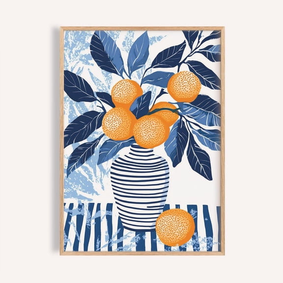 Citrus Print, Modern Botanical Art, Orange & Blue Kitchen Decor, Unframed Canvas 8x10in