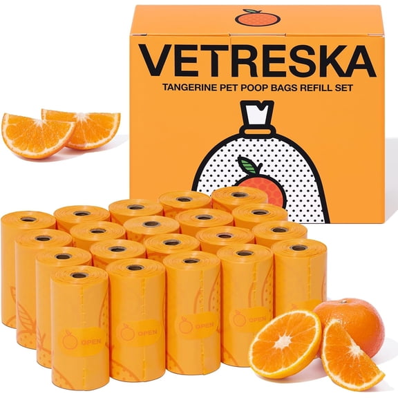 Citrus Scented Dog Poop Bags Leak Proof Extra Thick and Large Pet Waste Bags for Dogs Walking Cat Litter Babies' Diaper 300 Count (20 Refill Rolls) Orange