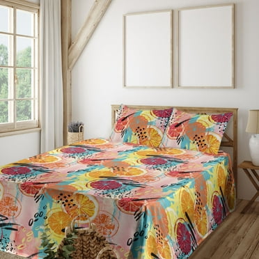 Ambesonne Citrus Fitted & Flat Sheet with Shams 4 Pcs Set, Dreamy Aura Lemon Slices Art, King, Pale Pink Multicolor