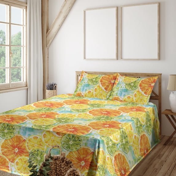 Ambesonne Citrus Fitted & Flat Sheet with Sham 3 Pcs Set, Summer Slices of Lime Print, Twin XL, Yellow Marigold and Green
