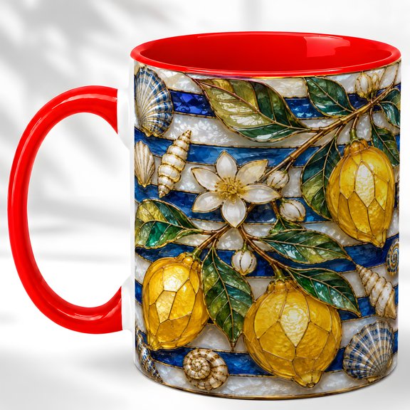 Citrus Shell Coffee Mug, Coastal Lemon Mug, Ceramic 11 oz