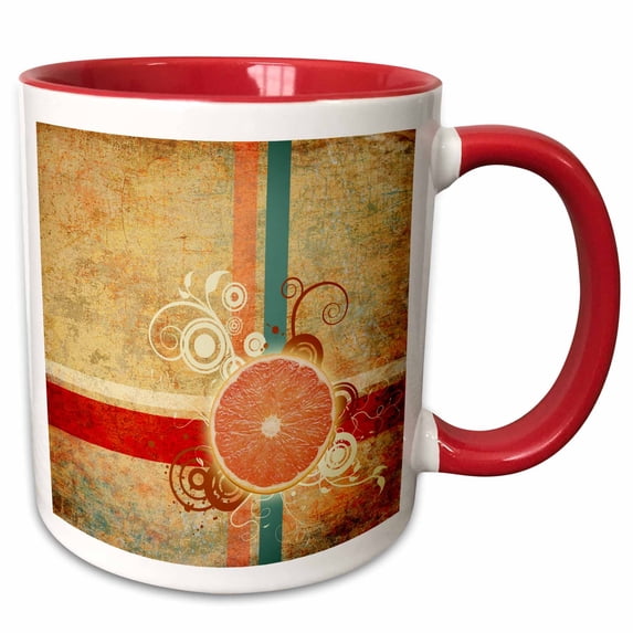 3drose, Citrus Slice of Grapefruit - Graphic Design Features a Slice of Fruit with Grunge Style, 15oz Two-tone Red Mug