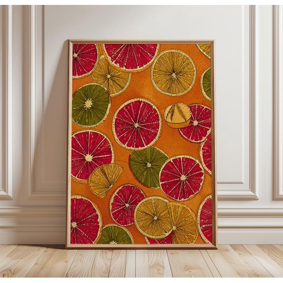 Citrus Slice Wall Art Poster | Orange Lemon Grapefruit Pattern | Bold Kitchen Fruit Decor, Poster Only