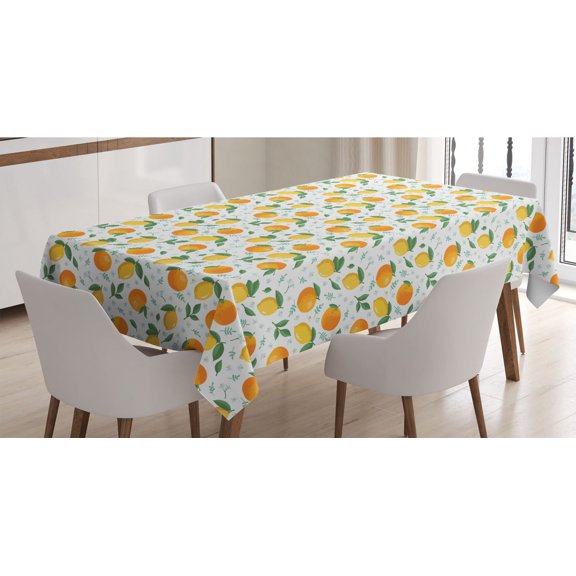 Citrus Tablecloth, Lemons and Oranges Leaves and Flowers Summer Pattern, Rectangle Satin Table Cover Accent for Dining Room and Kitchen, 52" X 70", Marigold Mustard, by Ambesonne