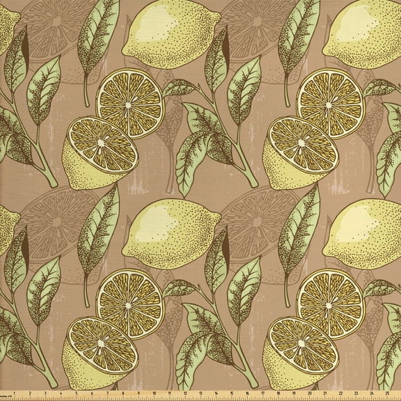 Citrus Upholstery Fabric by the Yard, Graphic Layout of Detailed Pale Yellow Lemons and Green Leaves, Decorative Fabric for DIY and Home Accents, 2 Yards, Umber Pale Yellow by Ambesonne