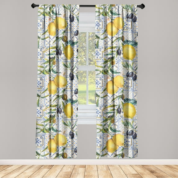 Citrus Window Curtains, Exotic Lemon and Olive Pattern with Leaves on Oriental Ornament Back, Lightweight Decor 2-Panel Set with Rod Pocket, Pair of - 28"x95", Mustard Dark Indigo White, by Ambesonne