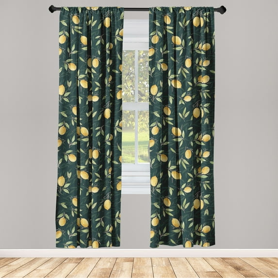 Citrus Window Curtains, Vintage Design Lemon Pattern with Leaves Greenery Tropical Forest Vibe Art, Lightweight Decor 2-Panel Set with Rod Pocket, Pair of - 28"x84", Mustard Hunter Green, by Ambesonne