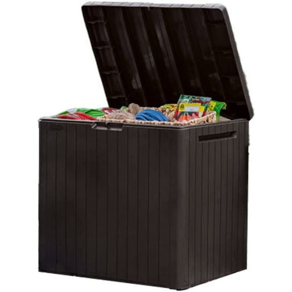 City 30 Gallon Resin Outdoor Storage Box and Patio Furniture Side Table for Pool and Garden Accessories, Brown