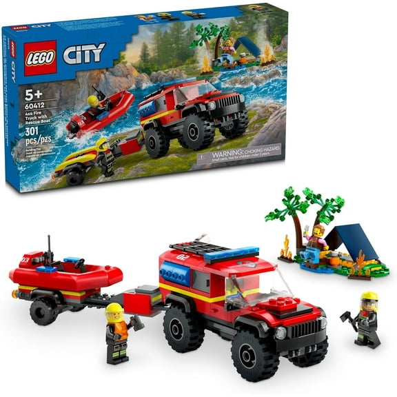 City 4x4 Fire Truck with Rescue Boat Toy for Kids Ages 5 and Up - Pretend Play Toy for Boys and Girls with a Truck, Trailer, Dinghy and Tent, Plus 1 Camper and 2 Firefighter Minifigures - 60412