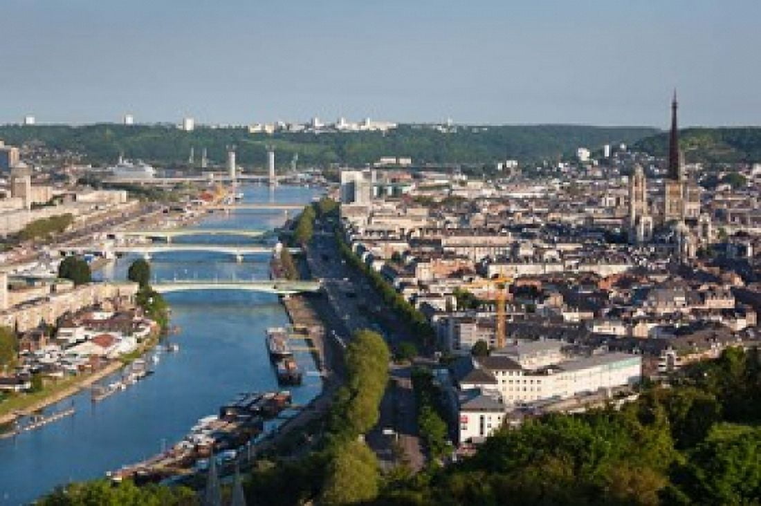 City Above Seine River Rouen Canvas Art - Walter Bibikow DanitaDelimont (28 x 19)