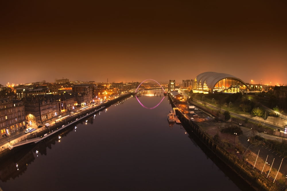 City And River Tyne Illuminated At Night Newcastle Northumberland England Canvas Art - John Short Design Pics (19 x 12)