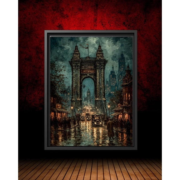 City Arch Night Poster: Noir Rainy Street, Classic Cars Wall Art, Unframed Canvas Size 16x24