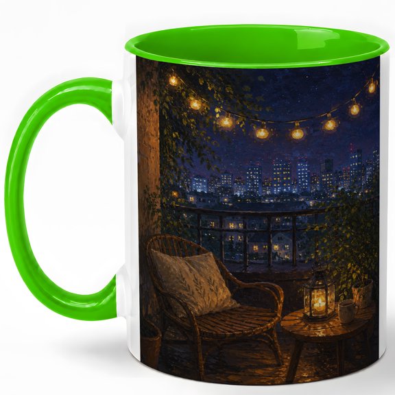City Balcony Night 11oz Ceramic Mug, Candle Lantern Terrace Art