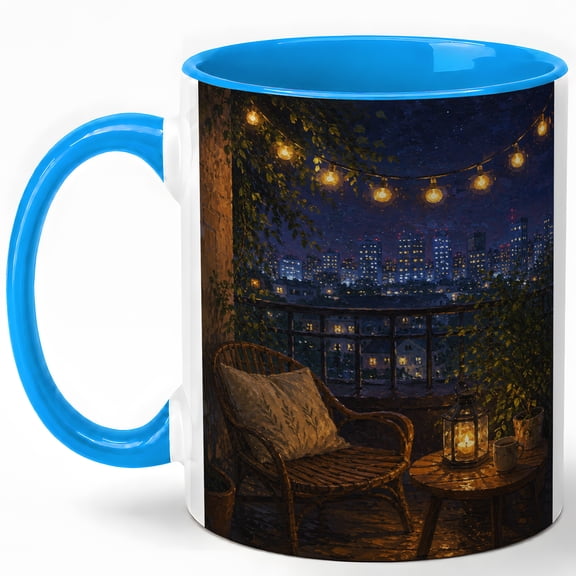 City Balcony Night 11oz Ceramic Mug, Candle Lantern Terrace Art