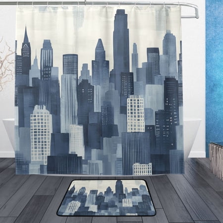 City Bathroom Accessory Sets Waterproof Shower Curtain with Anti-Slip Bath Mat Durable Combo