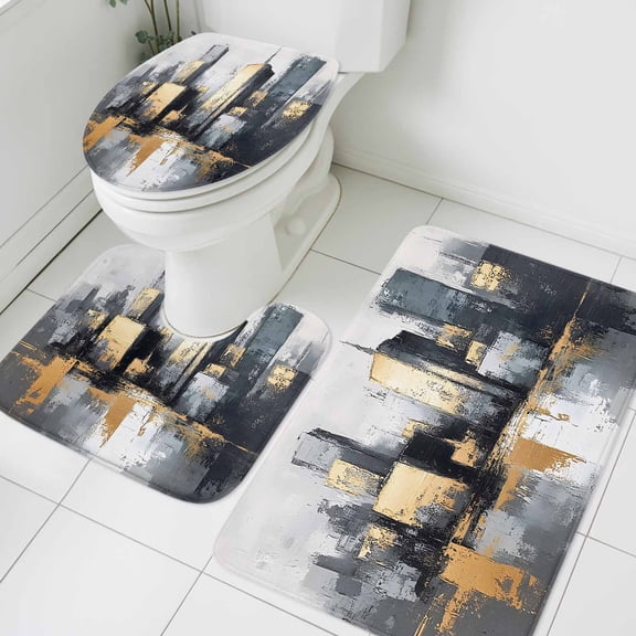 City Bathroom Rugs Set Modern Building Non Slip Absorbent Soft Bath Mats 3 Piece Set with Bathroom Rug, U-Shaped Floor Mat, Toilet Seat Cover Small Size