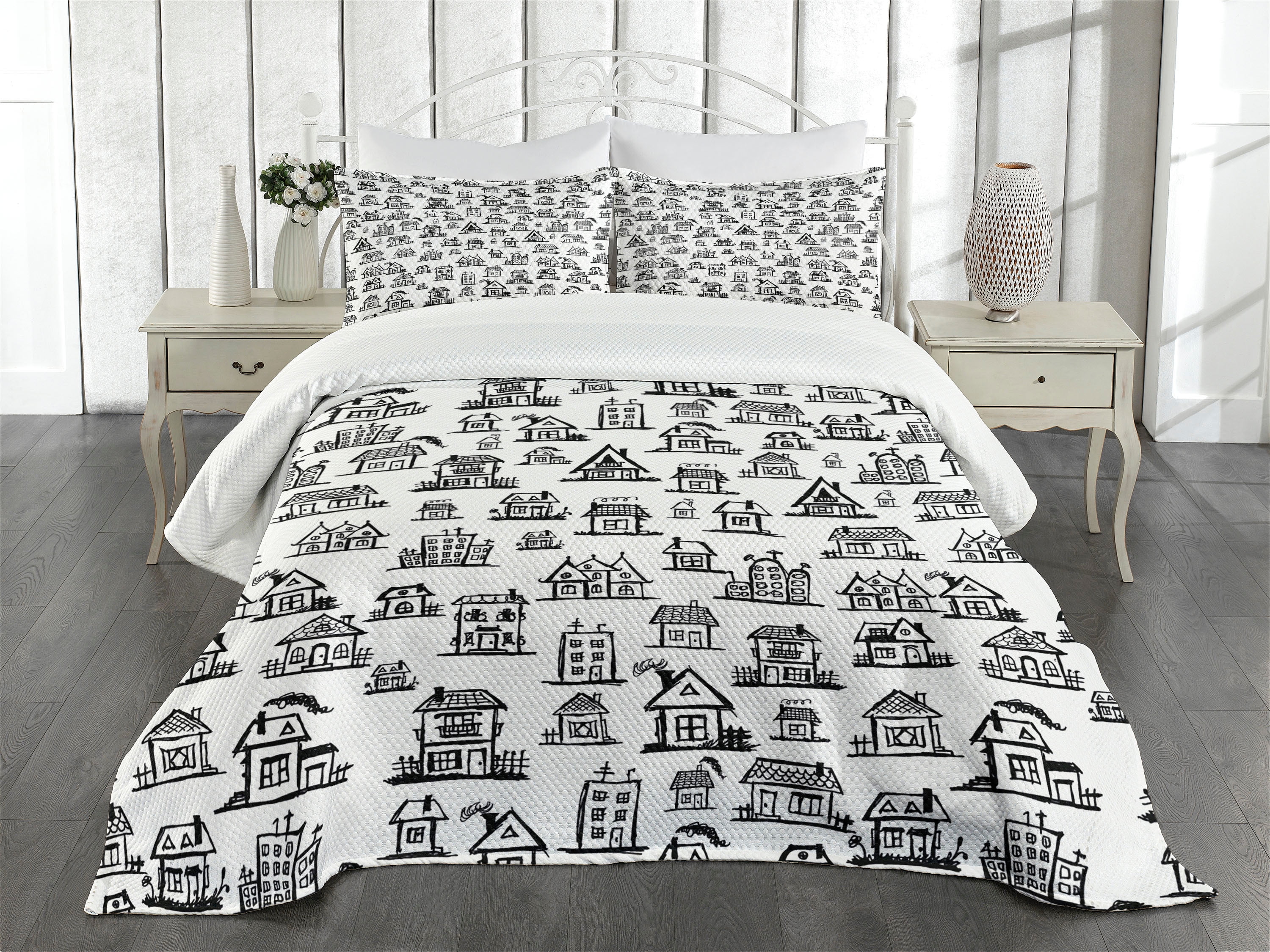 City Bedspread Set Queen Size, Village Houses Hand Drawn Monochrome