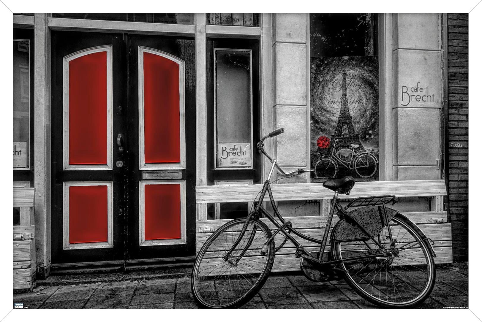 City Bike in Black and White Color Selected Red Wall Poster, 22.375" x 34" Framed