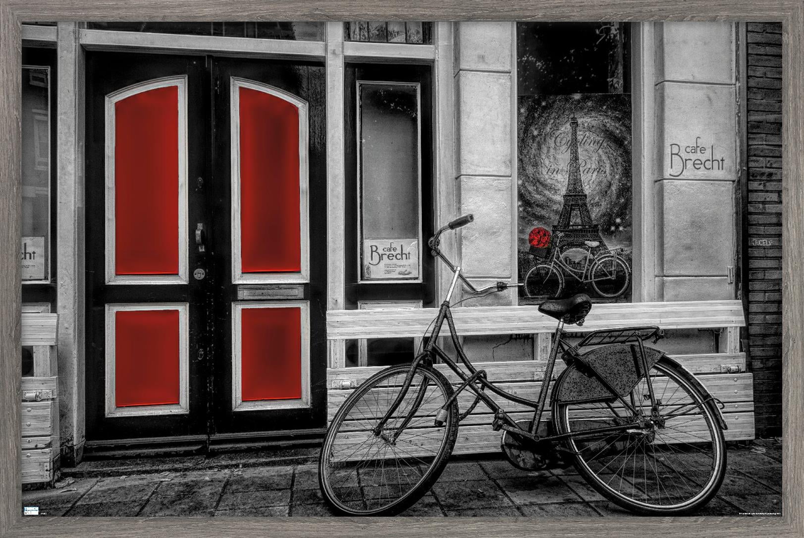 City Bike in Black and White Color Selected Red Wall Poster, 22.375" x 34" Framed