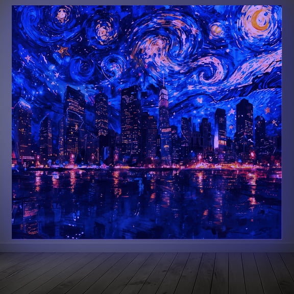 City Blacklight Tapestry Glow in the Dark Tapestry UV Reactive Starry Sky Skyline Wall Hanging 5951 Inch with Hook Self Adhesive Sticker Clip