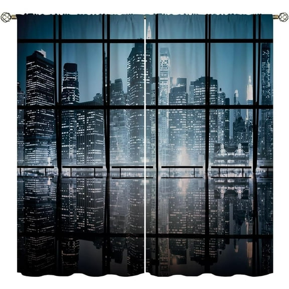 City Blackout Curtains for Home Decor,NY City Scenery at Night with Skyscrapers Buildings Rod Pocket Thermal Insulated Drapes Darkening Window Curtain for Girls Boy Bedroom Living Room 42 x 63 Inch