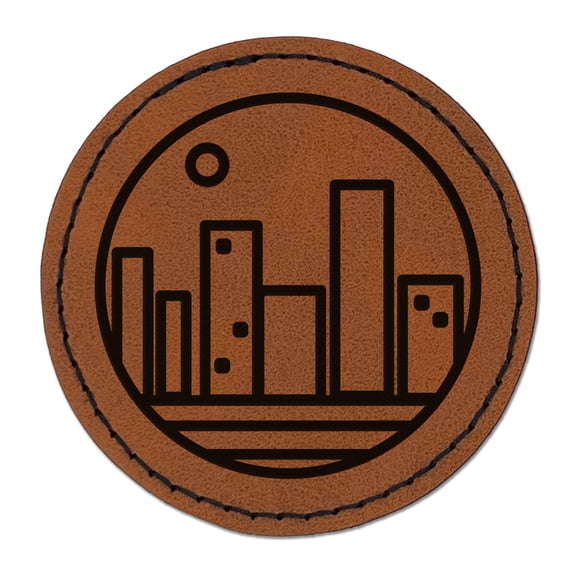 City Buildings Downtown Skyscrapers 2.5" Faux Leather Round Engraved Iron-On Patch - Brown