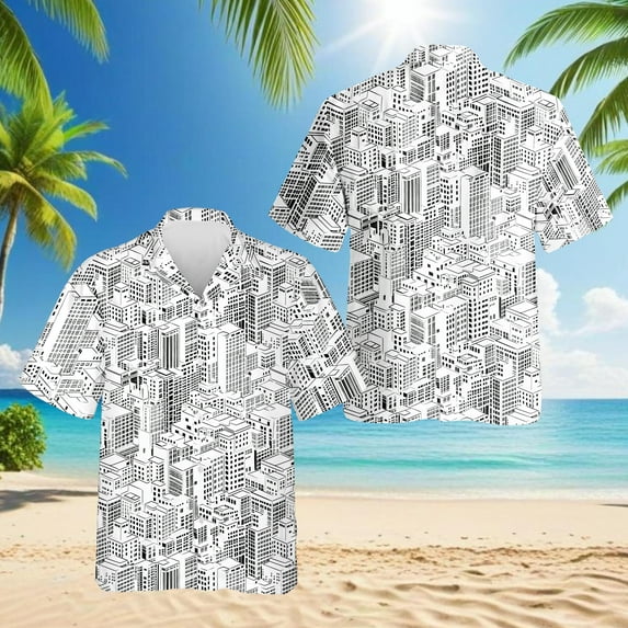 City Buildings Hawaiian Shirt for Men, Button Down Summer Beach Short Sleeve, Vintage Style, S-5XL