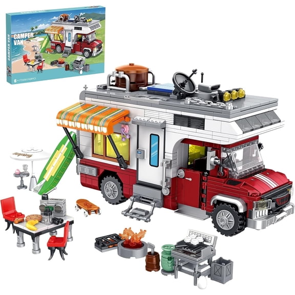 City Camper Van Building Set, Beach Camping Themed Construction Toy Kit with Mini Accessories, Birthday Gift for Adults