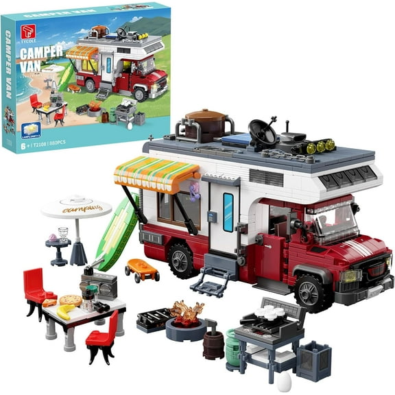 City Camper Van Building Set-Beach Camping Themed Construction Toy Kit with Mini Accessories&LED Lights, RV Car Model,Ideal for Adults and Kids 6+
