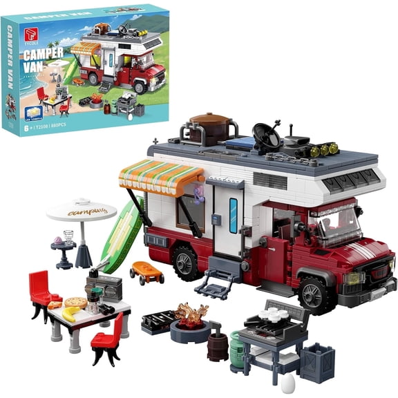 City Camper Van Building Set-Beach Camping Themed Construction Toy Kit with Mini Accessories&Lights, RV Car Model Compatible(880 pcs)