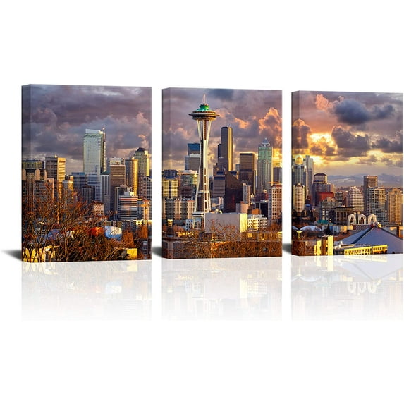City Canvas Wall Art Seattle Skyline at Sunset Pictures Cityscape Painting Home Office Decor Posters and Prints 3 Panels Gallery-wrapped Artwork Ready to Hang for Living Room Decor