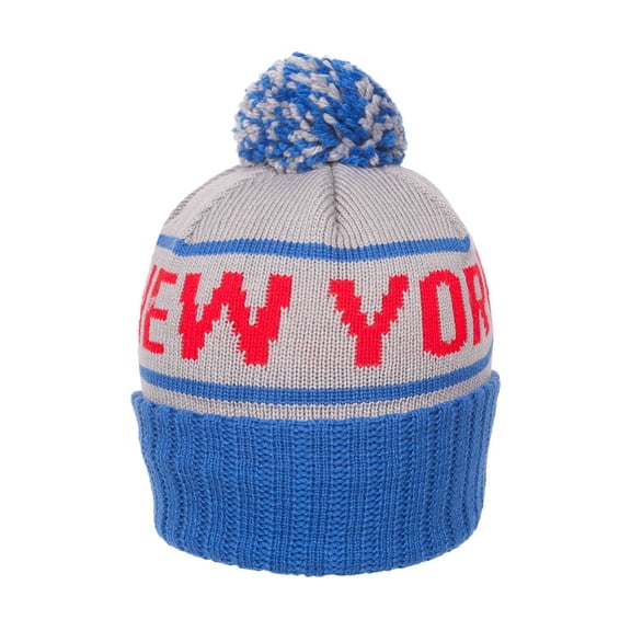 City Caps Knitted Cuffed Beanies w/ Pom - New York - Grey/Royal
