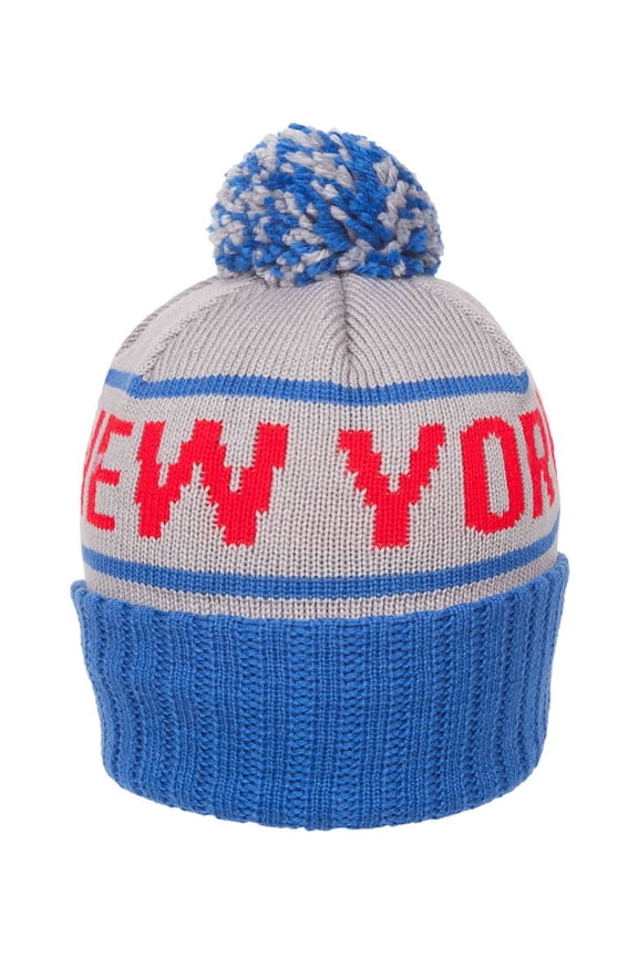Knitted Cuffed Beanies w/ Pom - New York - Grey/Royal