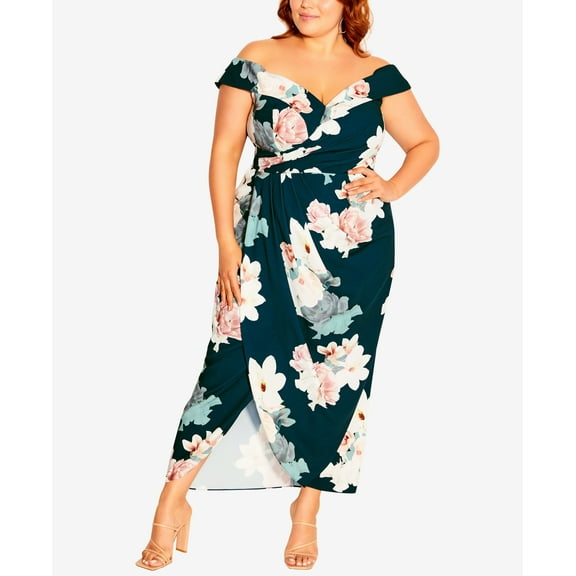 City Chic Emerald Floral Off the Shoulder Maxi Dress Emerald Bloom 14W