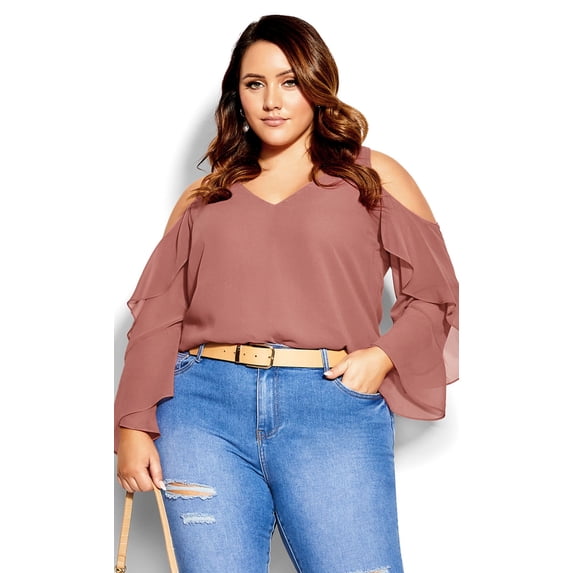 City Chic High-Low Chiffon Cold Shoulder Tunic Papaya 16W