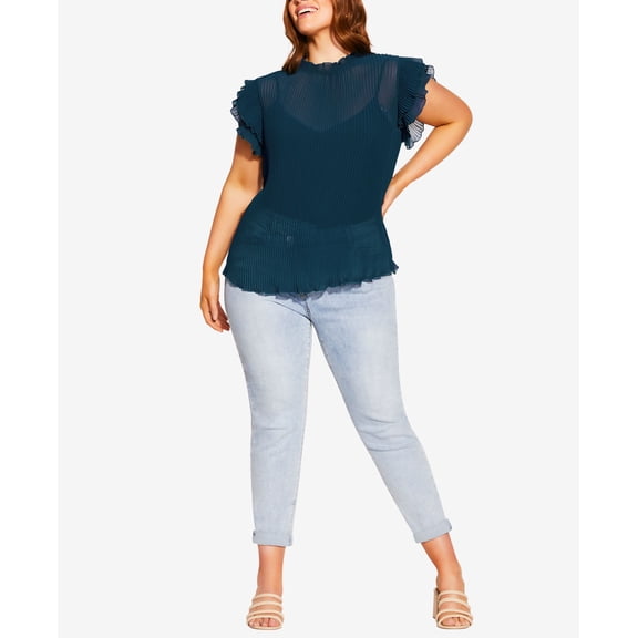 City Chic Off Beat Ruffle Sleeve Top Petrol 18