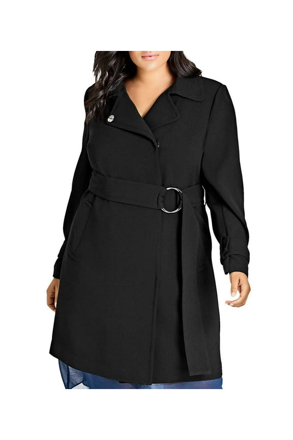 Plus Size Trendy Wrap Trench Coat (Black, XS/14)
