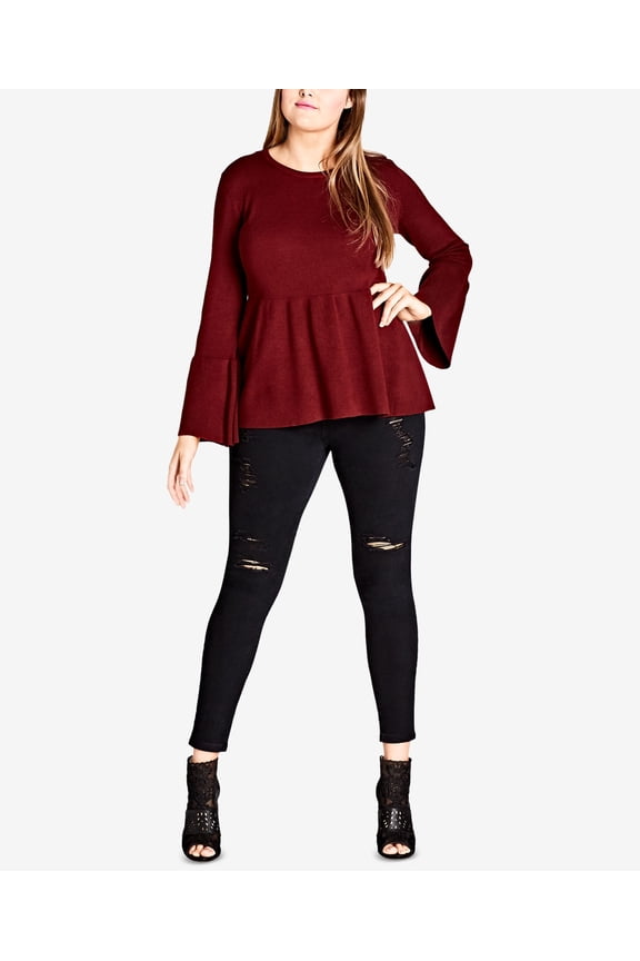 Trendy Plus Size Bell Sleeve Peplum Sweater Ruby 16W