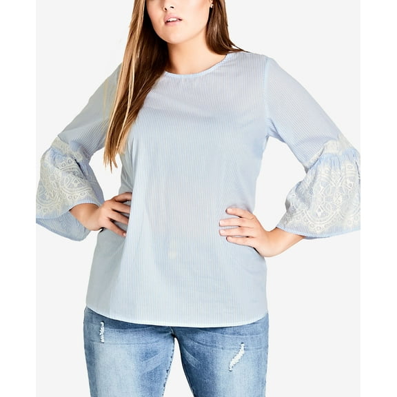 City Chic Trendy Plus Size Bell Sleeve Top White Stripe 14W