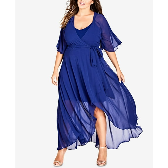 City Chic Trendy Plus Size Chiffon Wrap Dress Lapis S
