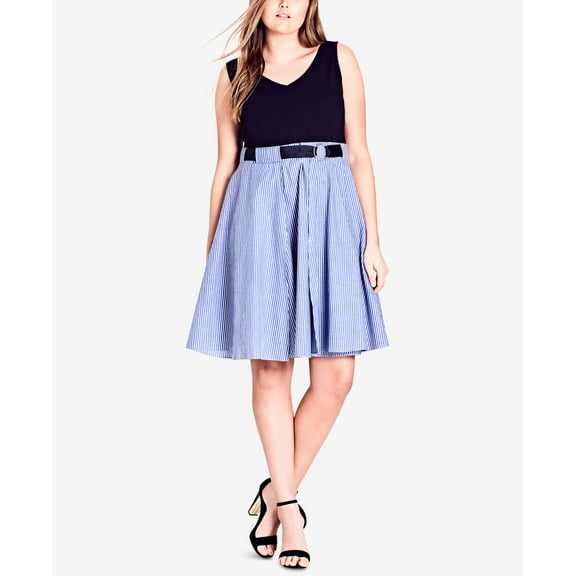 City Chic Trendy Plus Size Contrast Fit Flare Dress Blue 22W