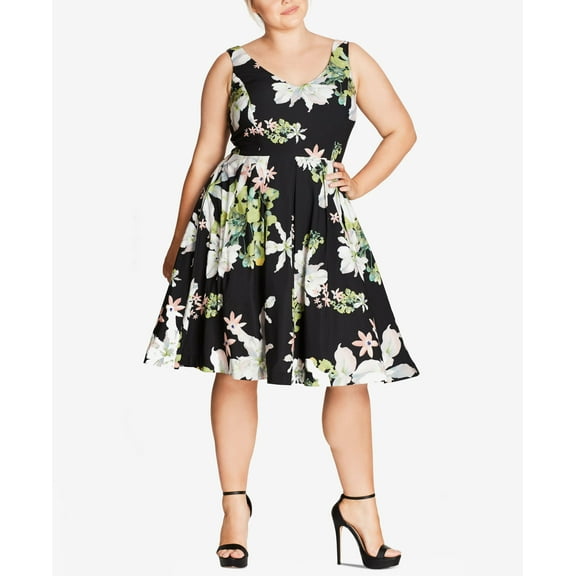 City Chic Trendy Plus Size Floral Print Fit Flare Dress Black 14