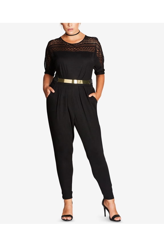 Trendy Plus Size Lace Trim Jumpsuit Black 16 / S