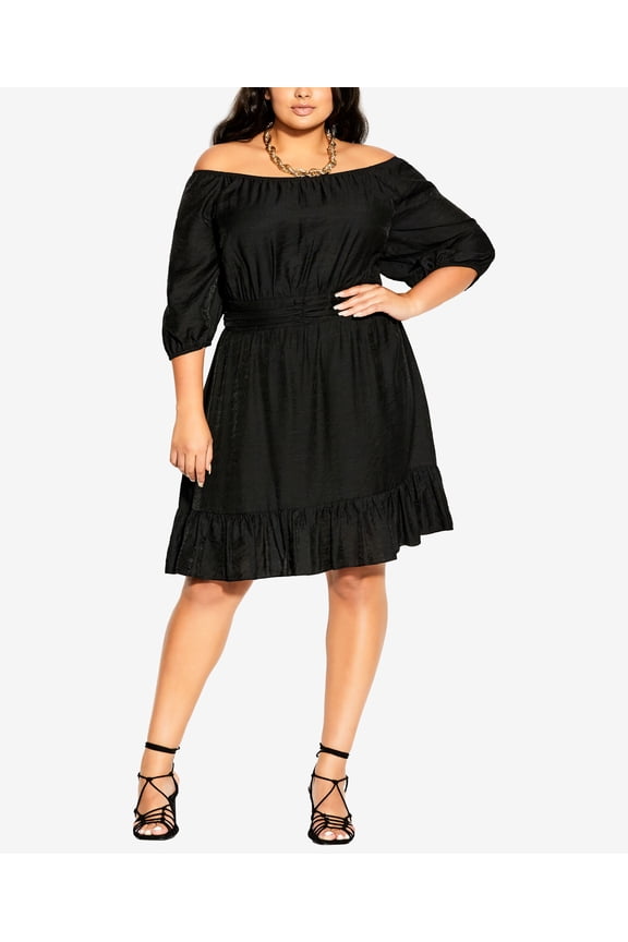Trendy Plus Size Mini Flirt Off Shoulder Dress Black 14W